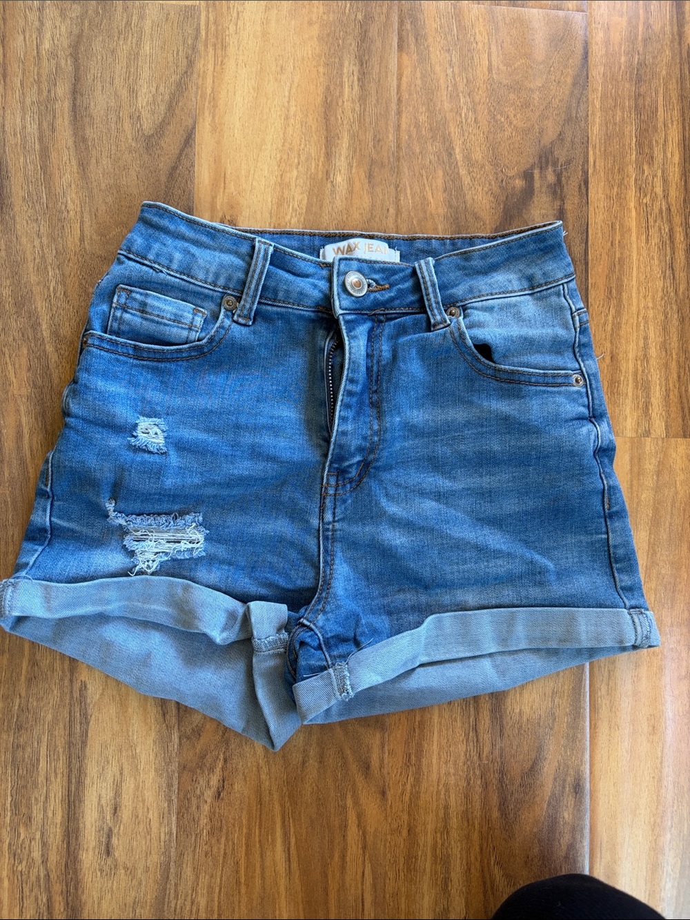 Wax Jean Rolled Hem Distressed Denim Shorts in Blue